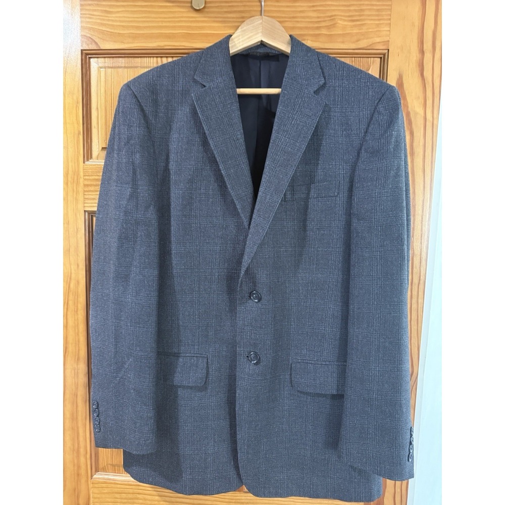 Jos A Bank Sport Coat 42L Travelers Collection Blue Grey Plaid Silk Wool Blazer